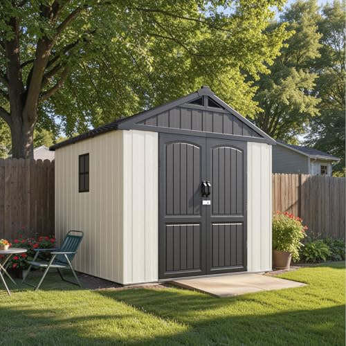 Patiowell 8 x 12 FT Plastic Outdoor Storage Shed with Floor, Resin Shed with Window and Lockable Door for Garden, Backyard, Tool Storage Use, Easy to Install in Beige (Kick-it Shed)