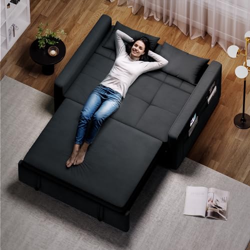 DWVO 55" Futon Couch, 3-in-1 Futon Sleeper with Pull-Out Bed, Convertible Sofa Bed with Adjustable Backrest and Side Pocket, Modern Loveseat Sleeper for Living Room, Grey Velvet, Full Size