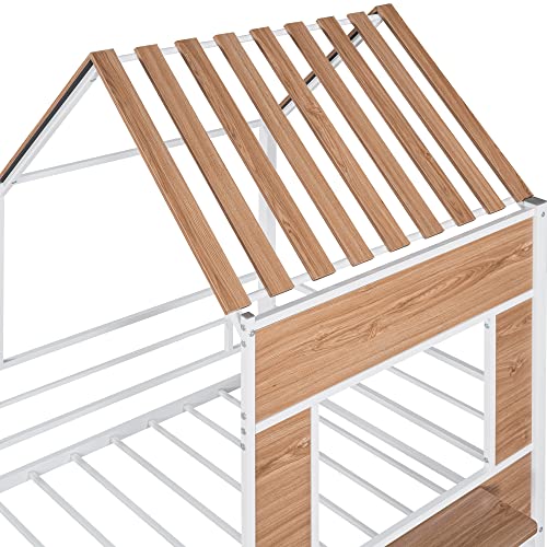 Harper & Bright Designs Kids House Beds Low Loft Bed Frame with Roof, Window, Guardrail and Ladder, Metal Twin Size Loft Bed for Kids Teens Girls Boys (Twin, White)