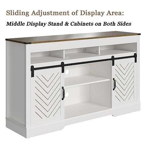 Farmhouse TV Stand for 65+ Inch TV, Modern Rustic Entertainment Center w/Sliding Barn Door, Rustic Media Console w/Storage Shelves, Wood Television Stand for Living Room, White