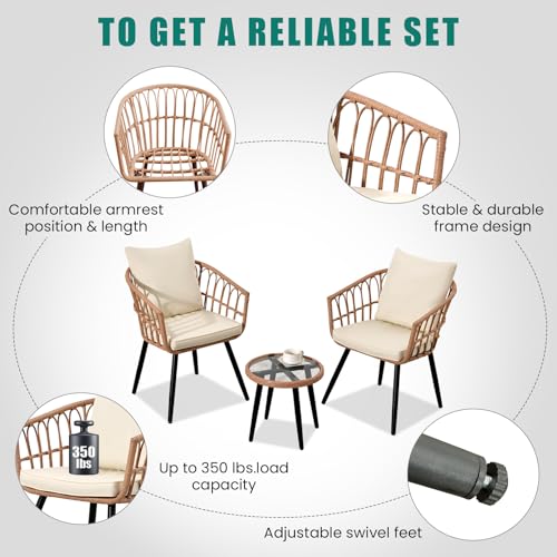 3 Pieces Patio Bistro Set, Outdoor Wicker Table and Chairs Set of 2, Rattan Balcony Furniture Set with Cushions for Front Porch Apartment Backyard Deck,Beige
