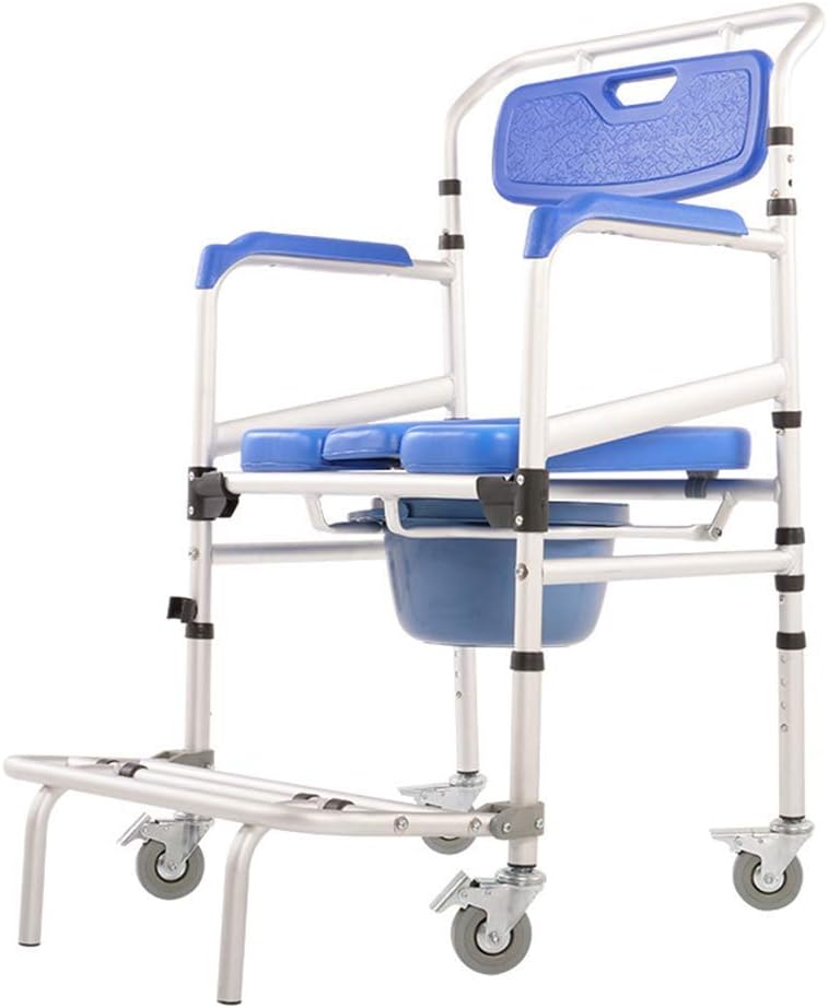 Mobile Bedside Commode, Wheeled Folding Toilet Seat Chair Armrests Backrest and Removable Footrests WC Chair with Lid Bathroom Chair or Disabled Pregnant Elderly