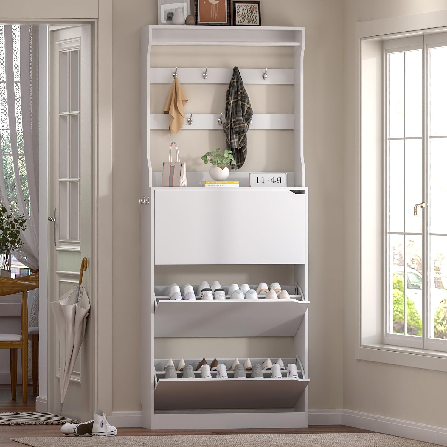Shoe Cabinet Storage for Entryway, Shoe Storage Cabinet with 3 Flip Drawer, White Slim Freestanding Narrow Hidden Shoe Organizer Cabinet, Tall Wood Modern Shoe Cabinet with Coat Rack for Hallway White