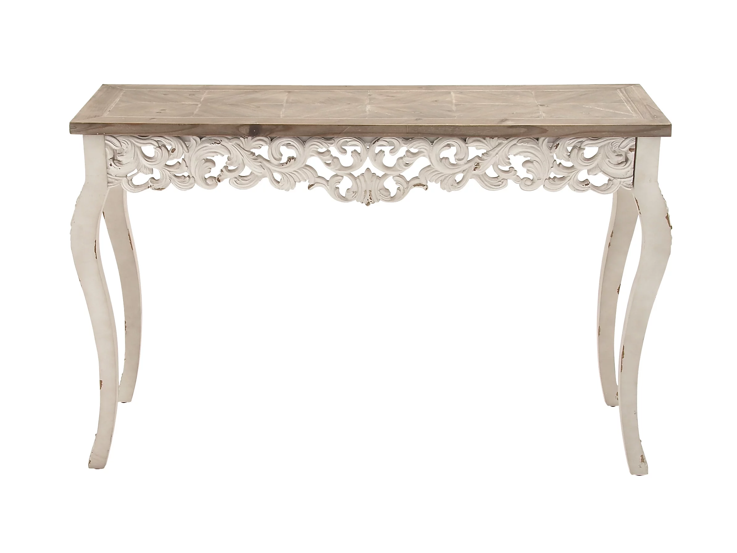 DecMode 46" x 30" White Wood Intricately Carved Floral Console Table with Brown Wood Top, 1-Piece