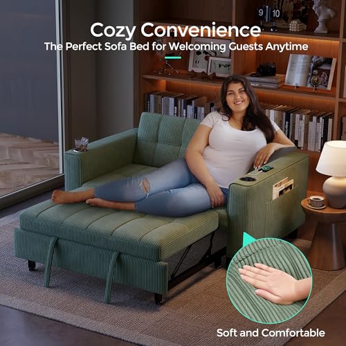 LINSY 3-in-1 Convertible Sofa Bed, 54" Pull Out Sleeper Sofa with Charging Station & Cup Holder, Small Folding Loveseat with Side Pocket for Small Space, Corduroy Couch, Green