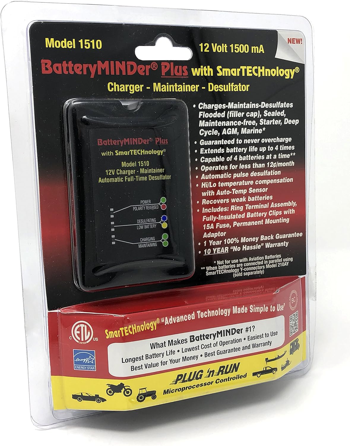 BatteryMINDer 1510: 12 Volt-1.5 Amp Battery Charger, Battery Maintainer, and Battery Desulfator �C Designed for Cars, Trucks, Motorcycles, ATV, Boats, RV