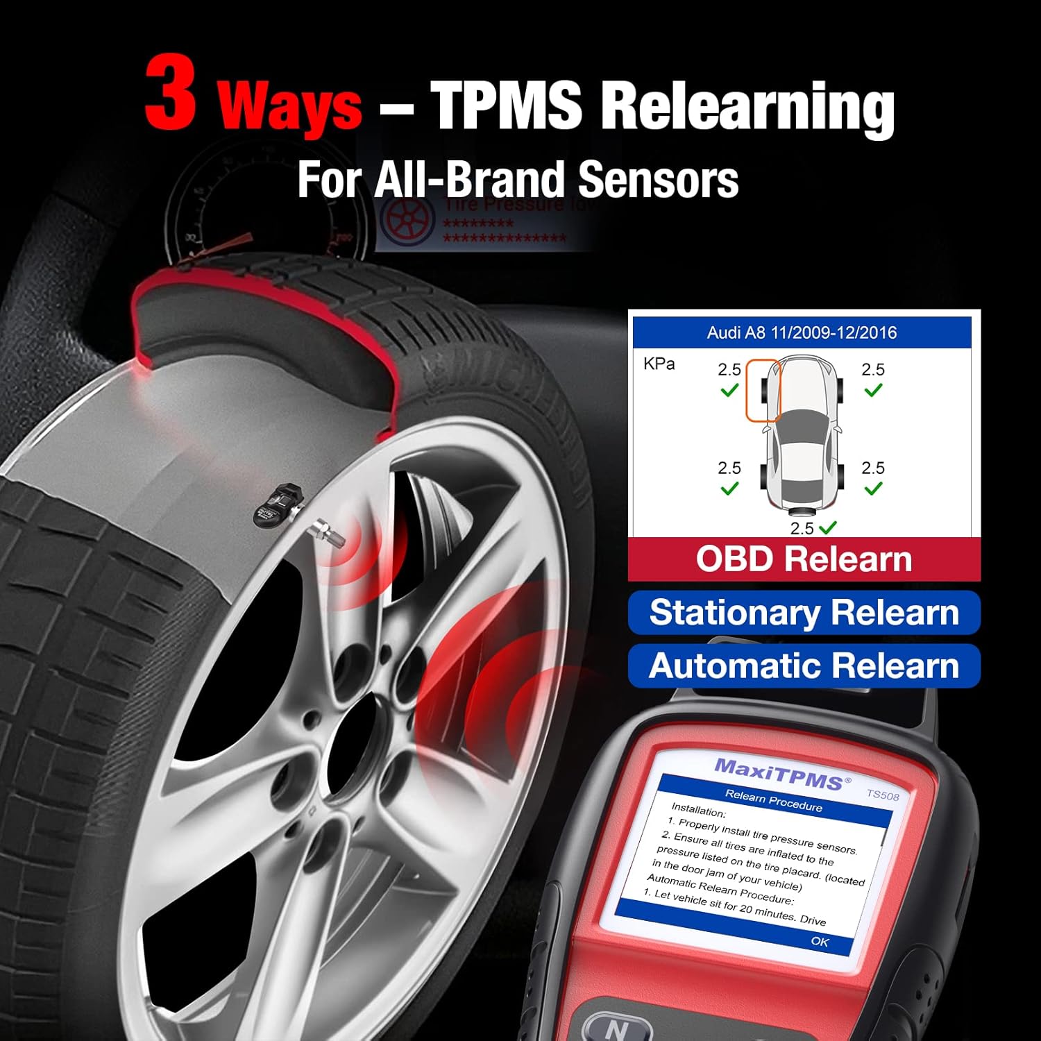 Autel MaxiTPMS TS508 TPMS Relearn Tool, 2022 TPMS ProgrammingTool, 4 Modes to Program MX-Sersors (315/433MHz), Upgraded Version of TS501/TS408 TPMS Reset/Lifetime Update, Quick/Advanced Mode
