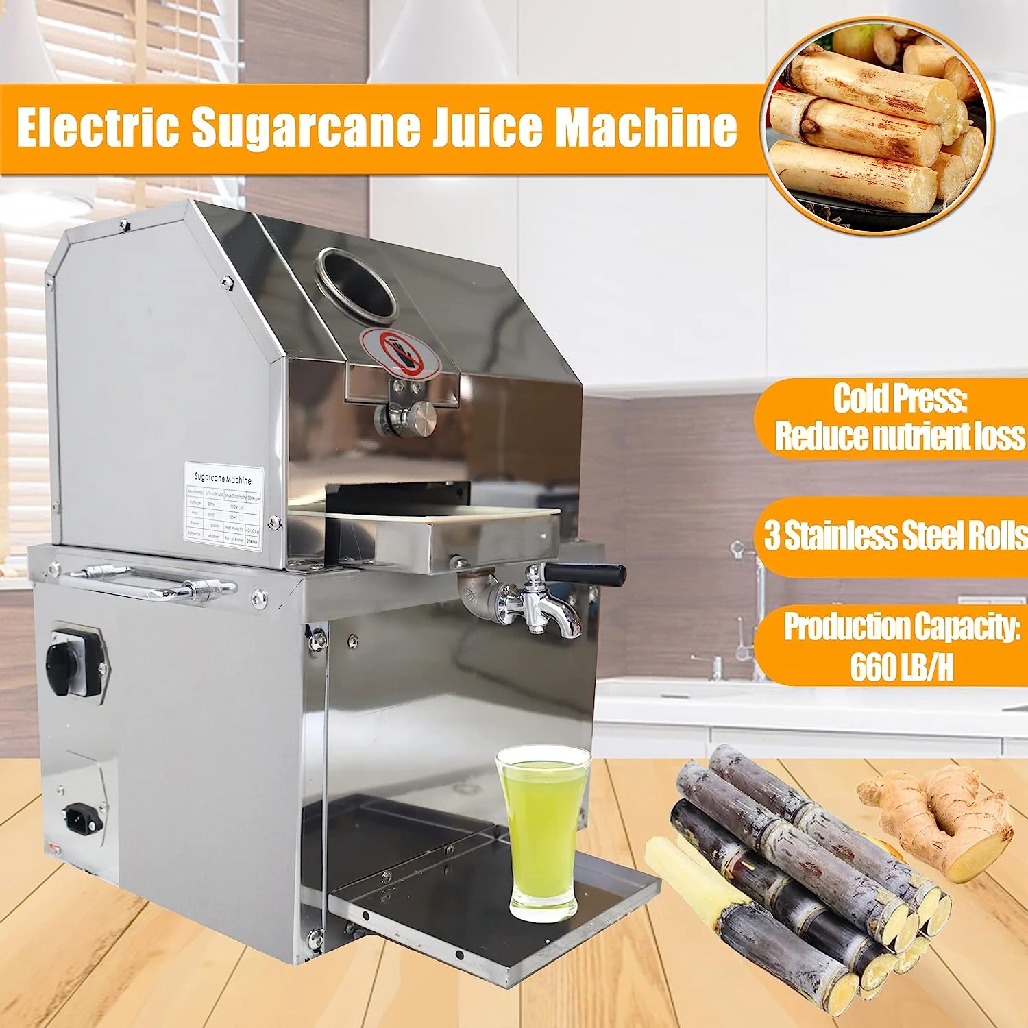 EQCOTWEA Sugarcane Press Electric Sugar Cane Juice Machine for Commercial Stainless Steel