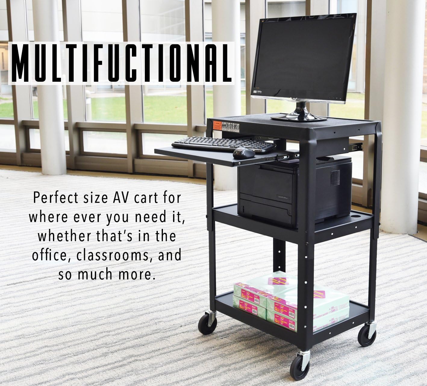 Line Leader Large AV Cart with Retractable Keyboard Tray | Height Adjustable Utility Cart | Includes Pullout Keyboard Tray & Cord Management | Easy Assembly (34in x 18in x 42in / Black)