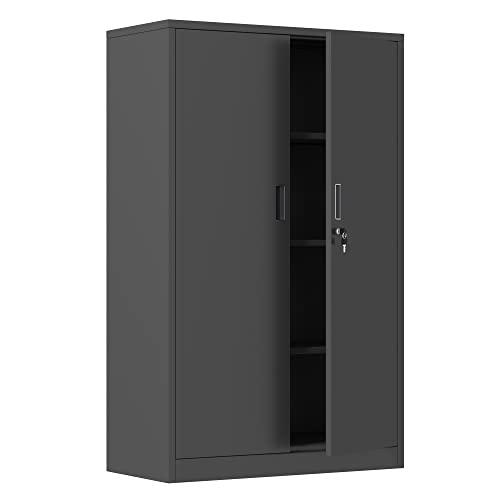 Metal Storage Cabinet with Locking Doors and 2 Adjustable Shelves, Small Lockable Steel Storage Cabinets for Home Office Garage Kitchen Pantry (Black)