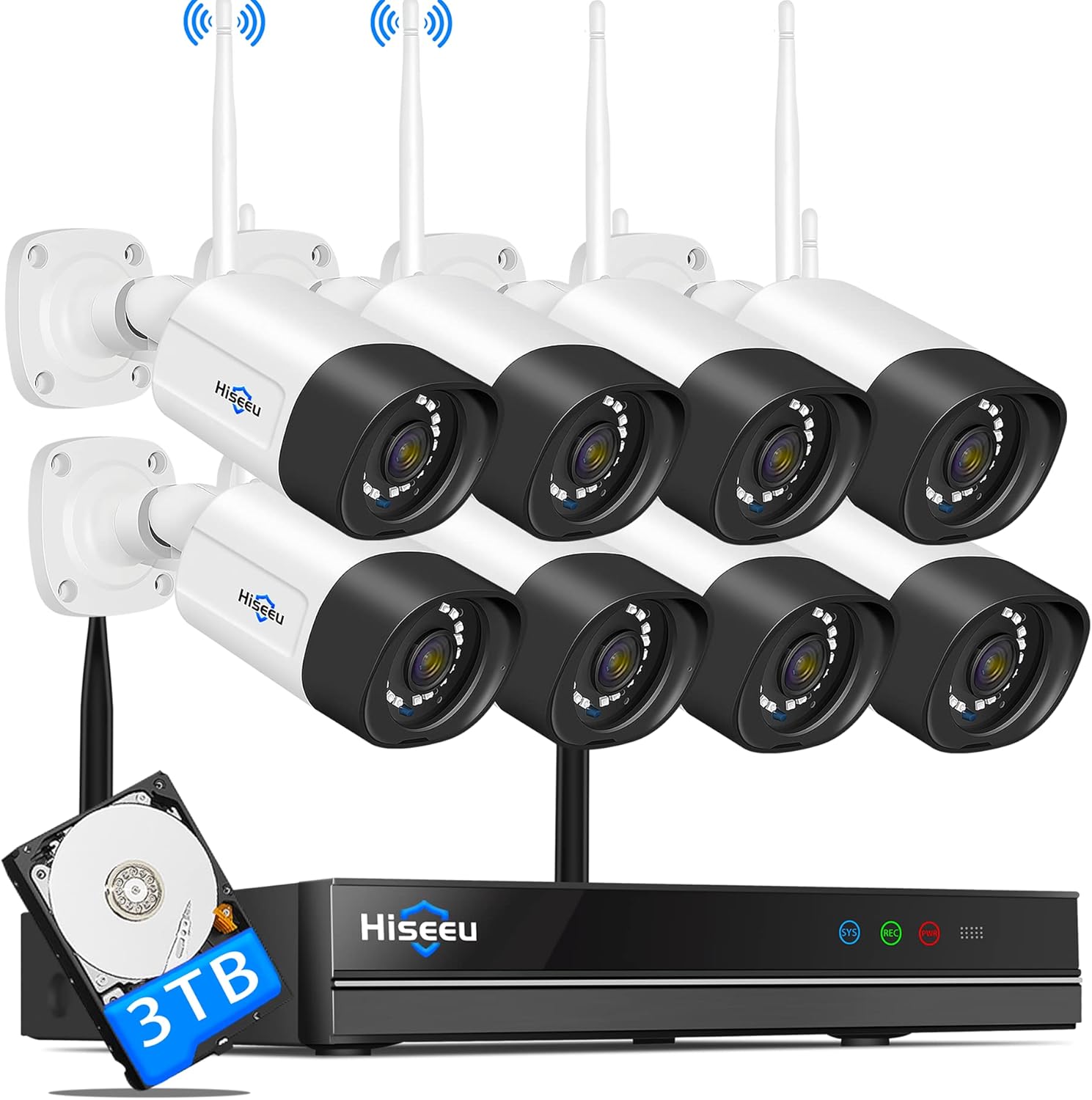[8CH Expandable, 2K] Hiseeu All in one with 12" LCD Monitor 3TB Hard Drive, Wireless Security Camera System, Home Business 8CH 1296P NVR Kit 4pcs 3MP Outdoor Bullet IP Cameras Night Vision Waterproof
