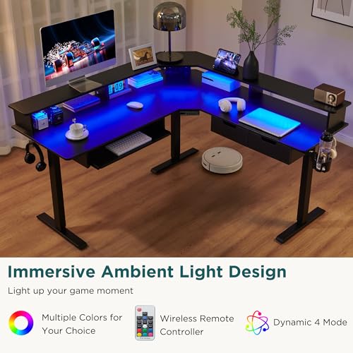 RedLemon 60 Inches L Shaped Electric Standing Desk,Height Adjustable Corner Gaming Desk with Drawers, Keyboard Tray, Power Outlets & LED Lights, Comnputer Desk with Monitor Shelf, Dark Rustic Oak
