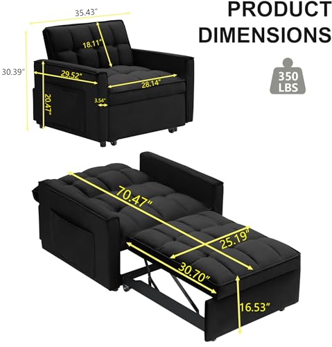Convertible Chair Bed Sleeper 3 in 1 with Adjustable Back for Adults,Velvet Pull Out Folding Recliner Chair Bed,Single Sleeper Sofa with Pillow & Pocket for Living Room Apartment Small Spaces (White)
