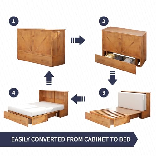 Queen Size Murphy Bed with Large Storage Drawer, Cabinet Bed with Folding Mattress, Murphy Cube Chest Bed with USB Charging Station and Foldable Tray Table - Gray