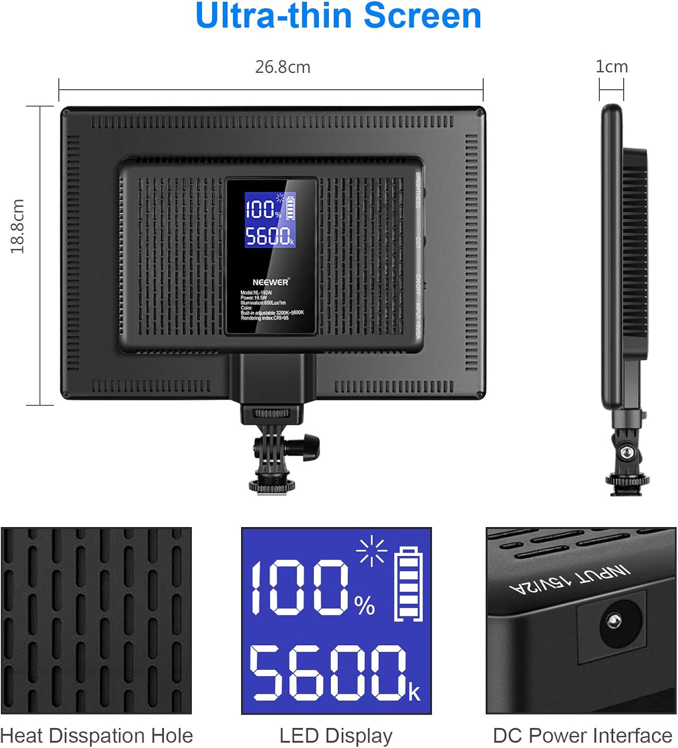 Neewer Ultra-Thin LED Soft Light Panel with LCD Display, Built-in Lithium Batteries, Dimmable Bi-Color 3200-5600K CRI95+ On Camera Video Light for Photography YouTube TikTok Live Stream Zoom Meeting