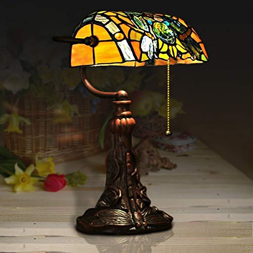 Tiffany Lamp Stained Glass Table Lamp for Living Room Side Dragonfly Piano Lamp Small 15.5" Tall Bedroom Bedside Table Lamp Chain Switch Banker's Home Office Desk Light Farmhouse Lamps