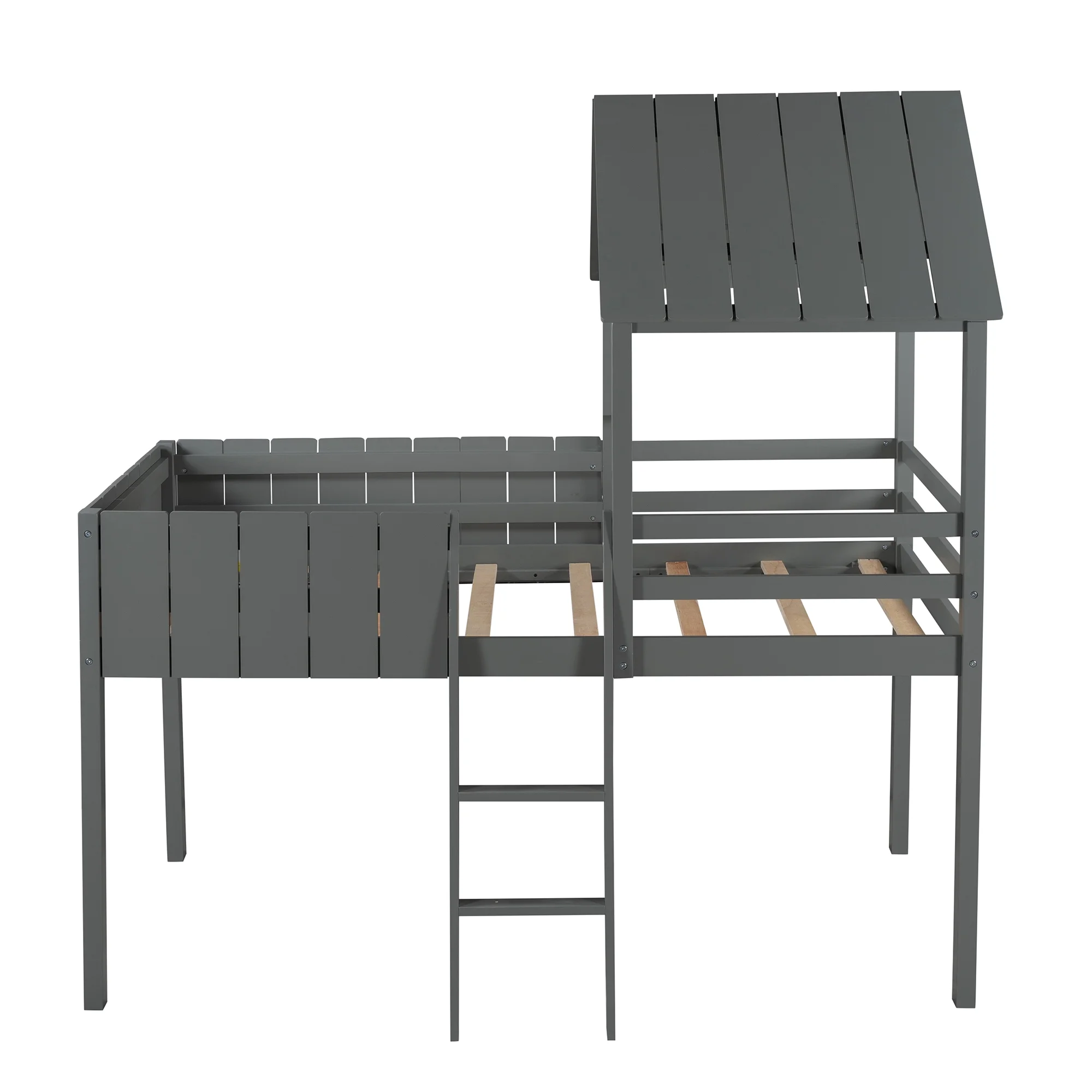 Gray Twin Size Wood House Loft Bed with Roof, Guardrail, Ladder