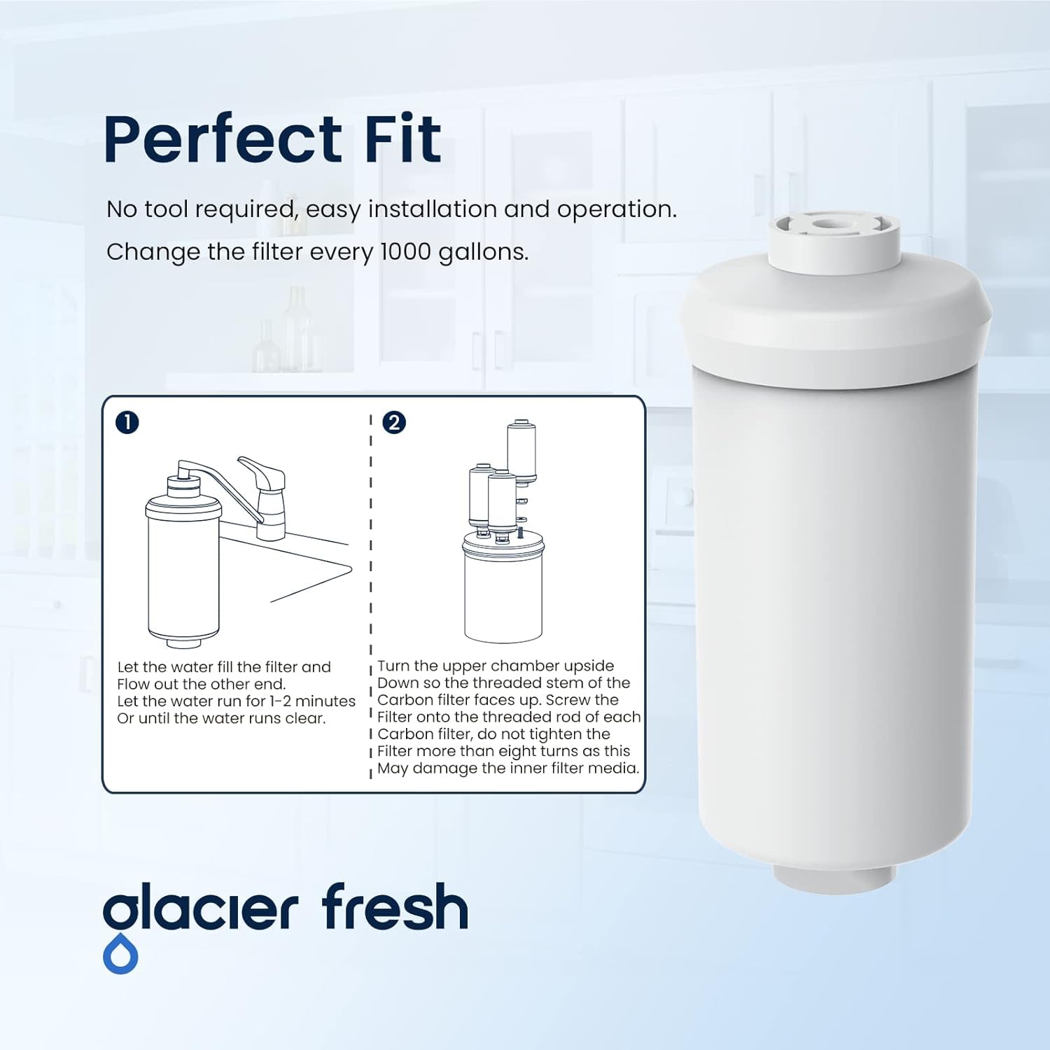 GLACIER FRESH Gravity-fed Water Filter System, 2.25G Stainless-Steel System with 8 Filters, Stand to Reduce up to 99% Chlorine