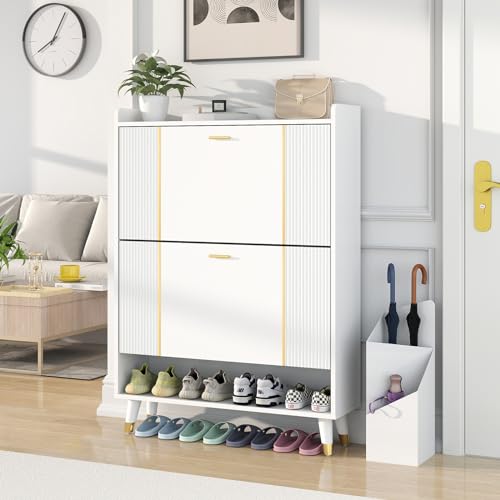 Shoe Storage Cabinet with 3 Flip Drawers, Slim Wooden Freestanding Shoe Cabinet, Hidden Narrow Shoes Rack Organizer for Entryway Hallway Entrance, Holds 28 Pairs, White
