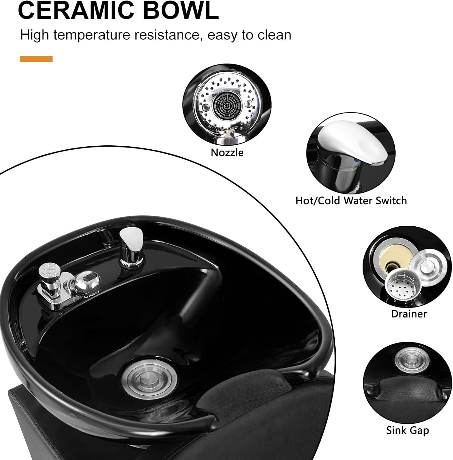 Artist hand Shampoo Bowl, 47’’ Ceramic Bowl Shampoo Chair Adjustable Backwash Sink Salon Wash Unit Shampoo Station W/Adjustable Footrest Salon Equipment for Spa Beauty Tattoo