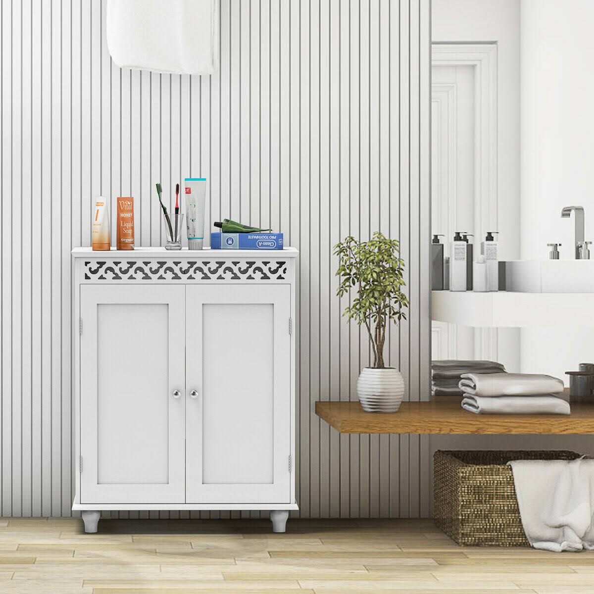 Goplus White Wooden 2 Door Bathroom Cabinet Storage Cupboard 2 Shelves