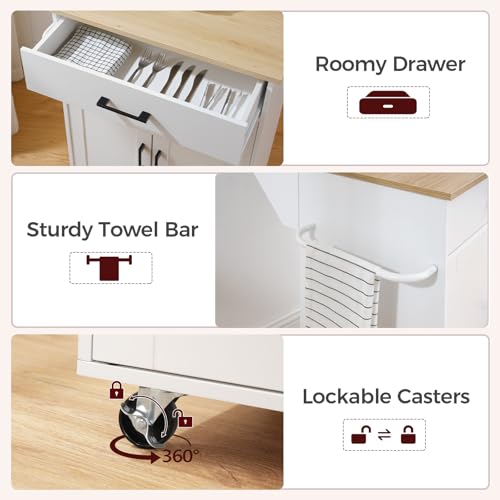 Kitchen Island on Wheels with Drop Leaf, Folding Countertop Kitchen Island Cart, Kitchen Island Table with Towel Rack, Drawer, for Kitchen, Dining Room, White and Natural KINW12501