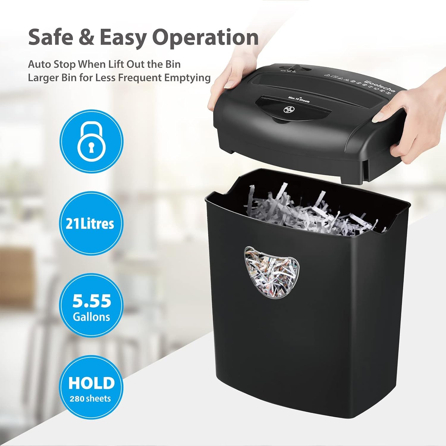 Woolsche CD218P Paper Shredders,10-Sheet Cross Cut P-4 Security Level Shredders for Home Office Use with 5.55-Gallon Large Capacity Bin & Transparent Window(ETLCertification) Pack of 2