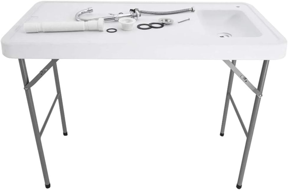 PMSW FCT01 Fishing Cleaning Table with Sink, Portable Folding Camping Sink Table Fish Fillet Table with Sink Faucet for Picnic Camping Gardening Kitchen, White