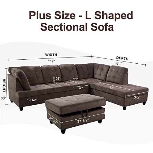 112''*84'' Sectional Couch, Corduroy Sectional Sofa Set, L Shaped Sofa Set for Living Room, Living Room furniture Set Apply to Home, (Sectional Sofa+Ottoman) Brown