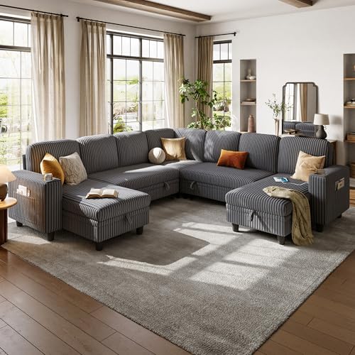 LINSY HOME Sectional Sleeper Sofa with Pull Out Couch Bed Convertible Plush Corduroy Cloud Couch with Storage Chaise & USB Charging, Comfy L Shaped Modular Couches for Living Room Apartment (Grey)