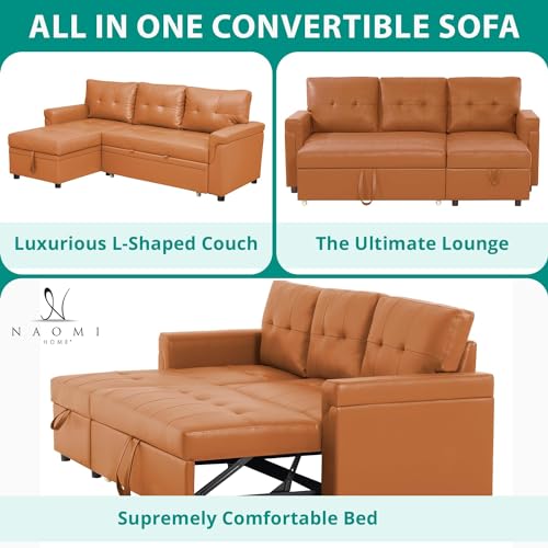 Naomi Home Jenny Sectional Sofa Sleeper with Storage Chaise, Tufted Pull Out Couch with Storage, L-Shaped Reversible Sleeper Sofa with Storage, Black,Air Leather
