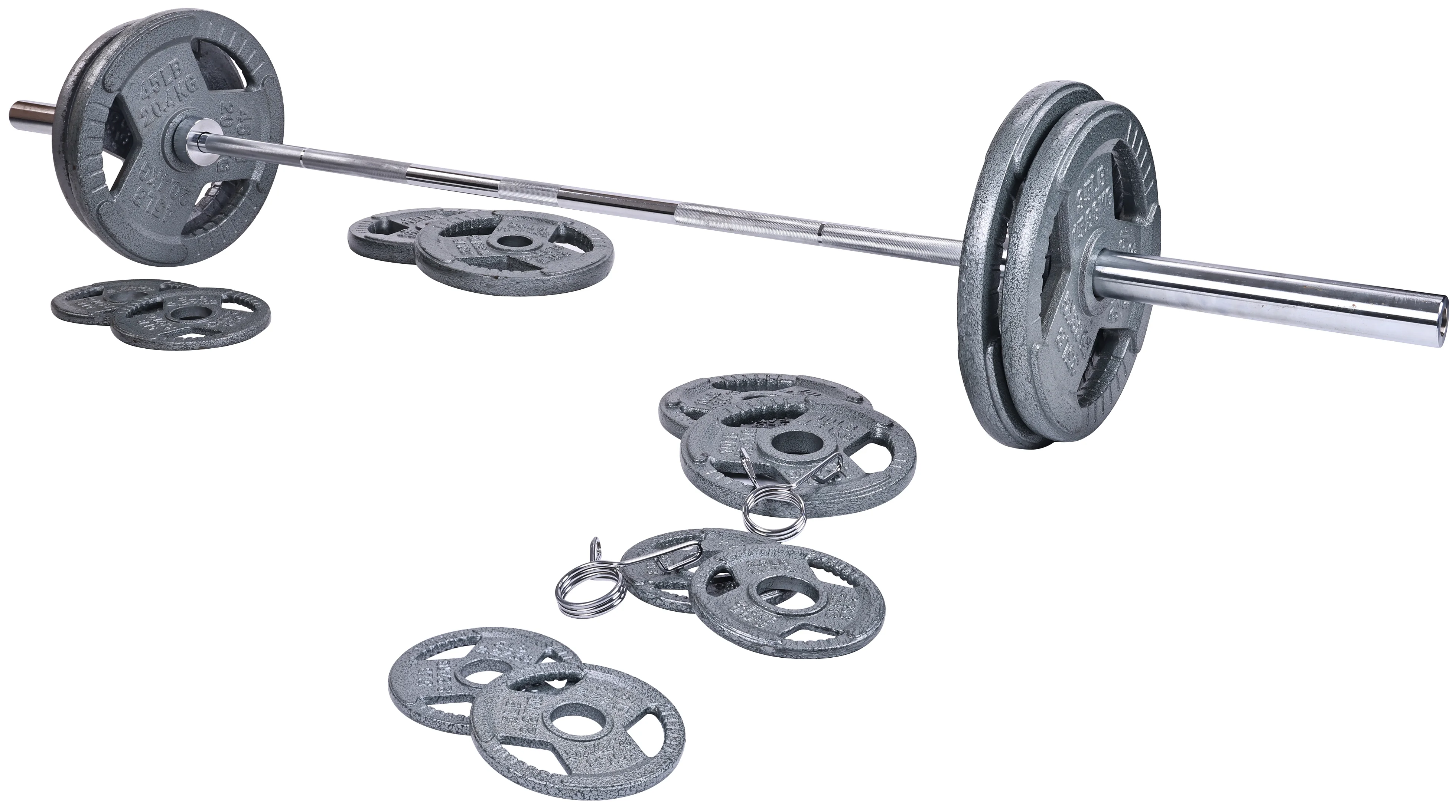 BalanceFrom Cast Iron Olympic Weight Including 7FT Olympic Barbell and Clips, 300-Pound Set (255 Pounds Plates + 45 Pounds Barbell), Multiple Packages