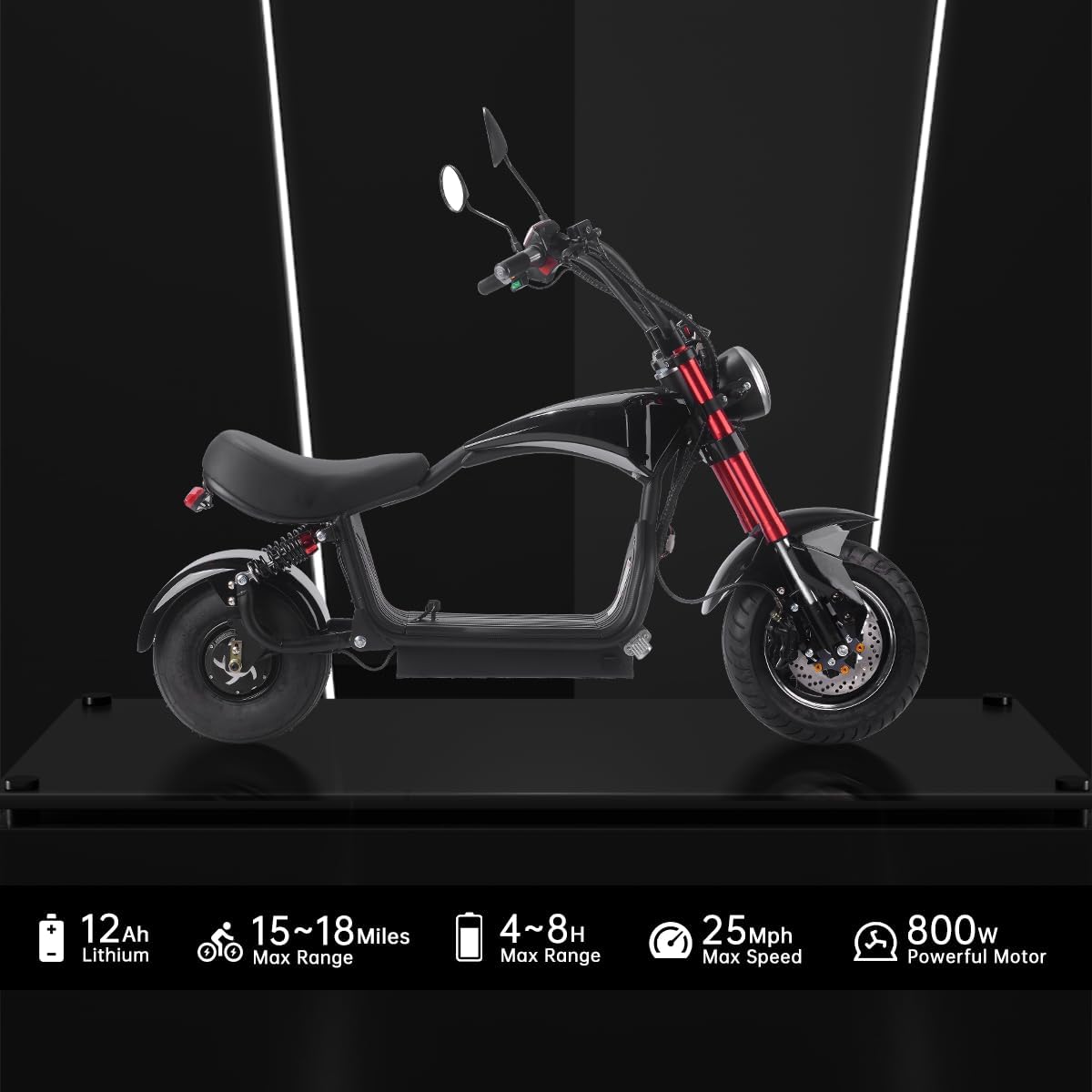 Electric Scooter for Adults 800W Motor Fat Tire Citycoco Scooters Up to 25 Mph & 18 Miles 48V 12Ah Lithium Removable Battery Lowboy Scooter Harley Electric Moped with Front & Rear Hydraulic Brakes