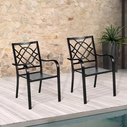 SUNCROWN 5-Piece Outdoor Wrought Iron Chairs and Table Patio Dining Furniture Set - 4 Stackable Metal Chairs, 1 Steel Slat Bistro Table for Garden Backyard Deck