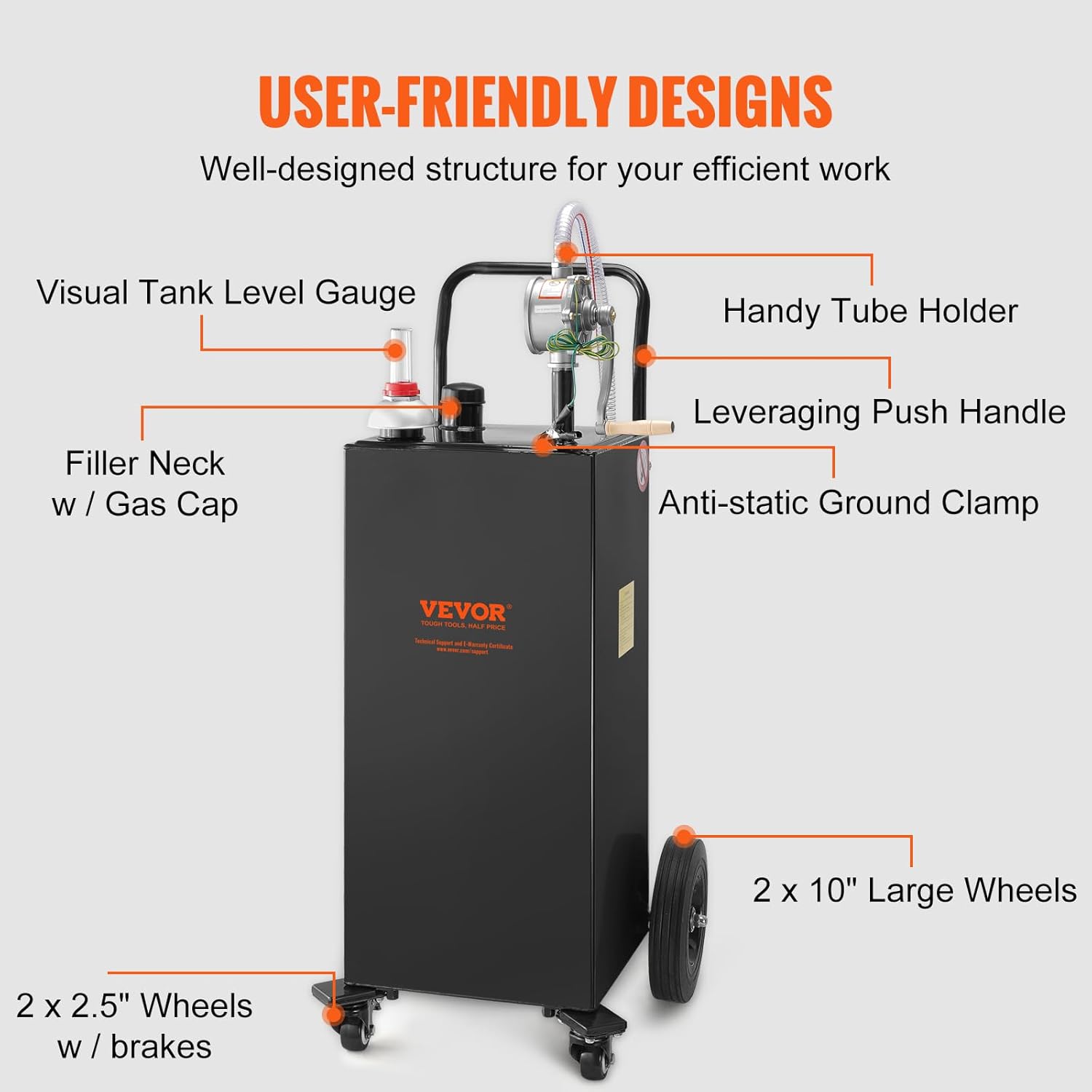 VEVOR Fuel Caddy, 35 Gallon, Gas Storage Tank on 4 Wheels, with Manual Transfer Pump, Gasoline Diesel Fuel Container for Cars, Lawn Mowers, ATVs, Boats, More, Black