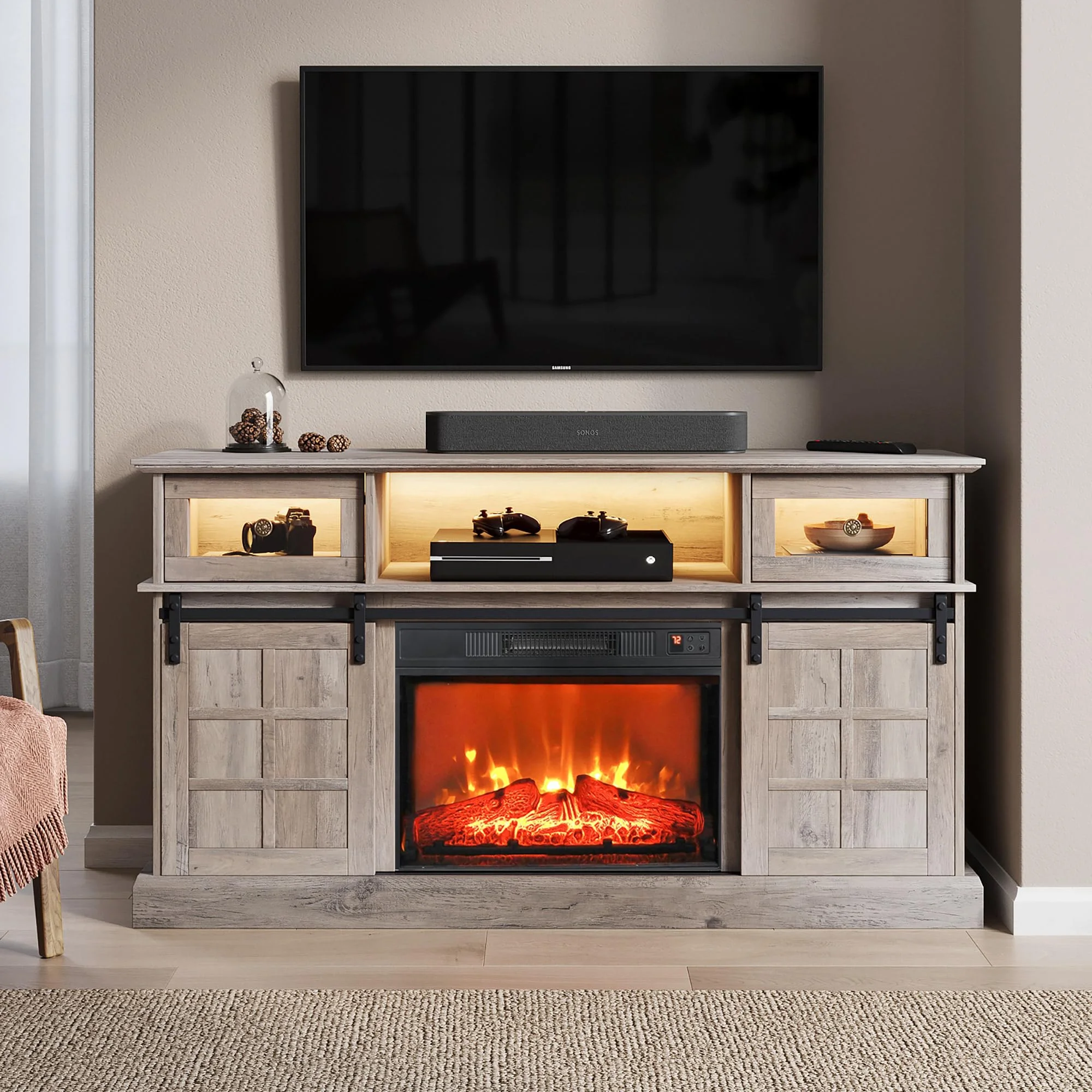 LGHM Fireplace TV Stand with 23" Electric Fireplace for TVs Up to 65", LED Light Entertainment Center with Storage Cabinet, for Living Room Bedroom, Gray
