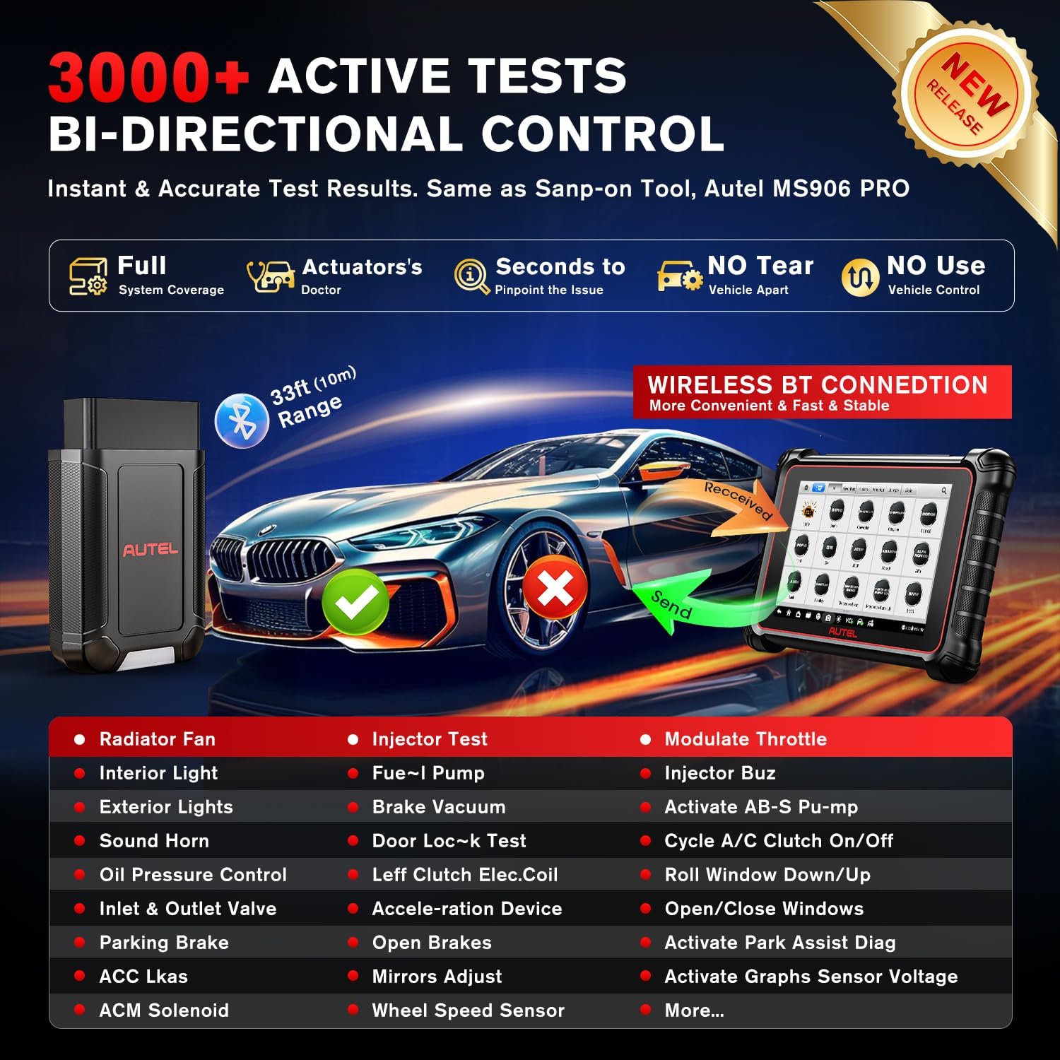 Autel Scanner MaxiCOM MK900-BT, 2024 OS 11 MK900BT Fully Functional Bidirectional Scan Tool, Up of MK900 MX900 MK808BT PRO MK808S MX808S MK808Z, 40+ Reset, CAN FD/DoIP, 3000+ Active Tests, WiFi Print