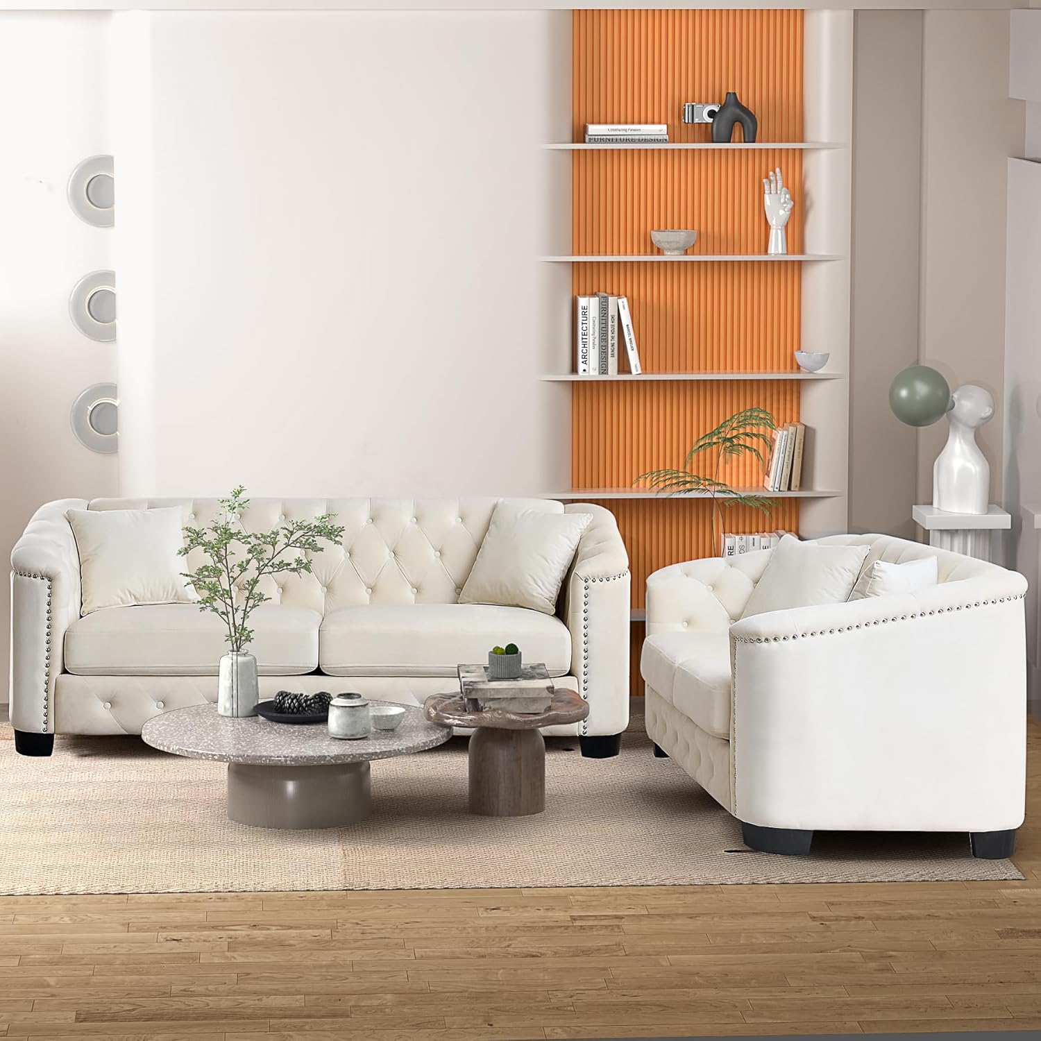 77 Inch Sofa Couch, Modern Velour Upholstered Couch Tufted Velvet Casual Sofa High Nailhead Arms Decor with 2 Pillows Big Comfy Couch Sofas for Living Room,3-Seater Couch,Beige