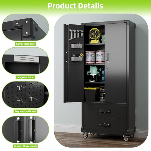 Aobabo 71" H×34" W×18" D Garage Metal Storage Cabinet with Wheels, Locking Steel Storage Cabinet with 5 Shelves and 4 Hooks, for Home Office, School, Assembly Required, Black Silver