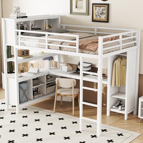 Linique Metal Loft Bed with Wardrobe & L-Shaped Desk - Sturdy Space-Saving Loft Bed Includes Storage Cubes, Shelves for Kids, Teens, Adults (White, Queen)