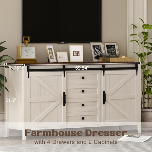 Farmhouse Dresser for Bedroom, 60" Long Dresser with 4 Drawers & Sliding Barn Door, Wide Wood Dresser, Tall TV Stand for Living Room, Buffet Cabinet with Storage Chest, White