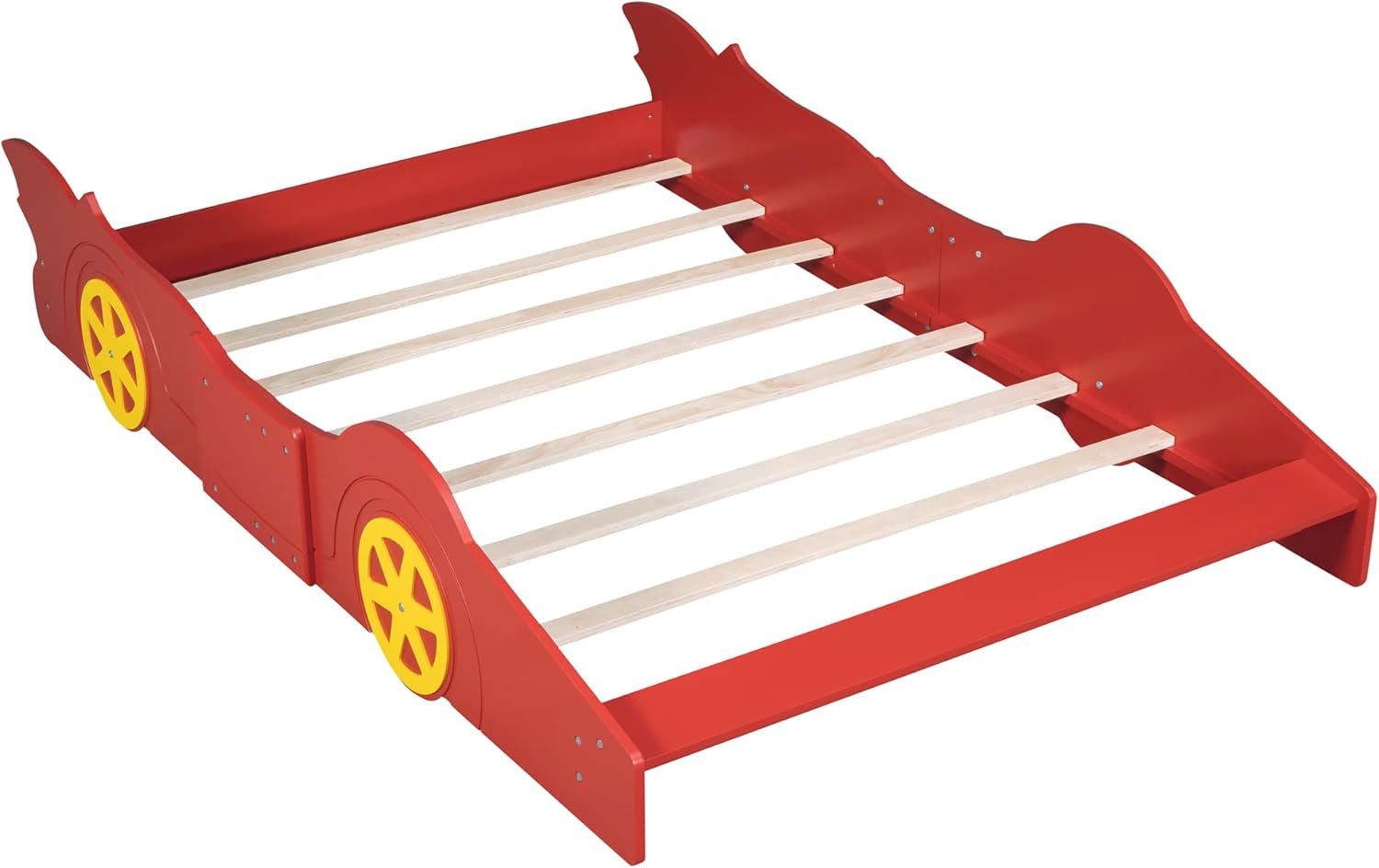 Full Size Race Car-Shaped Platform Bed with Wheels, Kids Car Bed, Wooden Car Shaped Platform Bed Frame for Kids Boys Girls Bedroom, No Box Spring Needed, Rails Design On Both Side, Full, Red