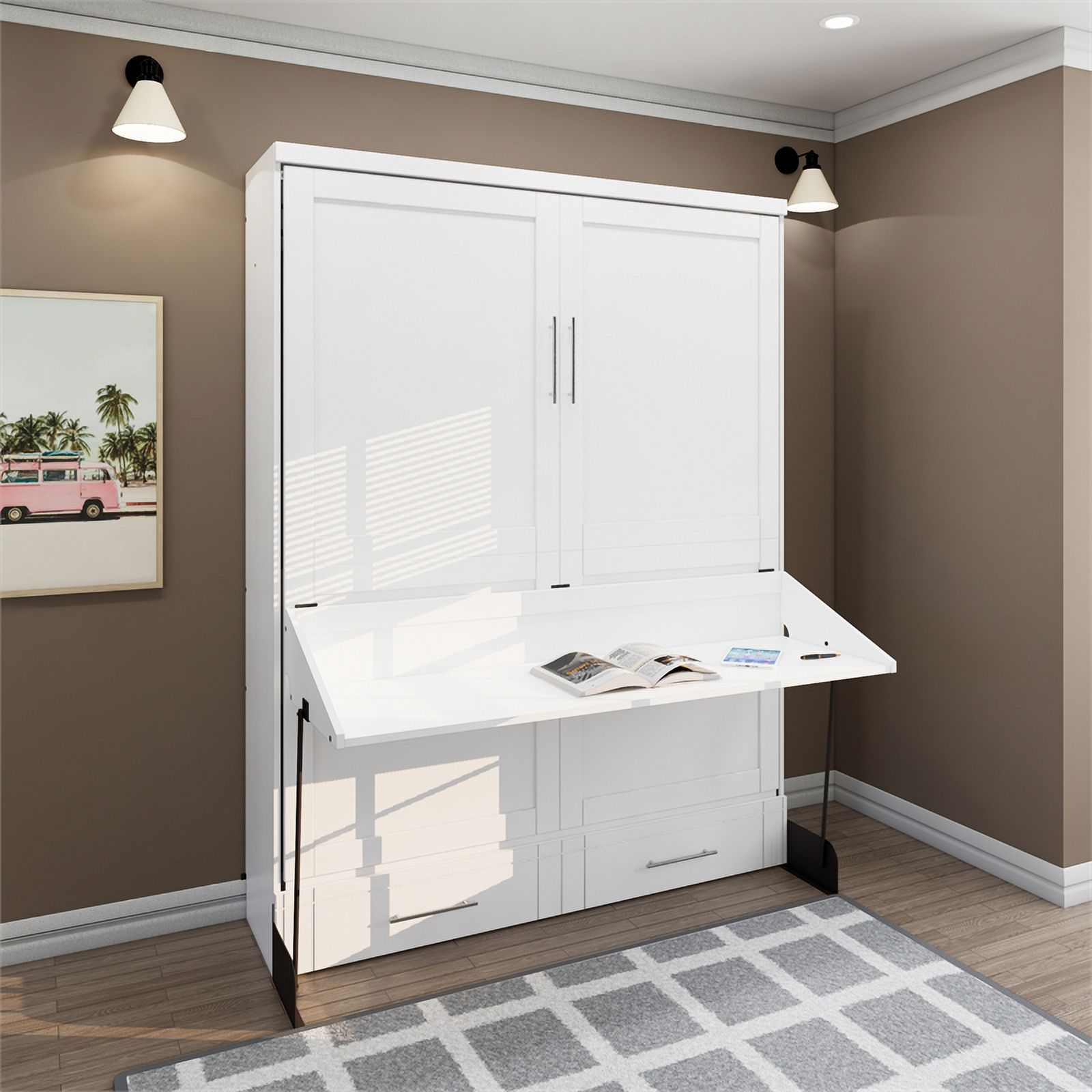 RoomAndLoft Brentwood Queen Solid Wood Murphy Wall Desk Bed in White