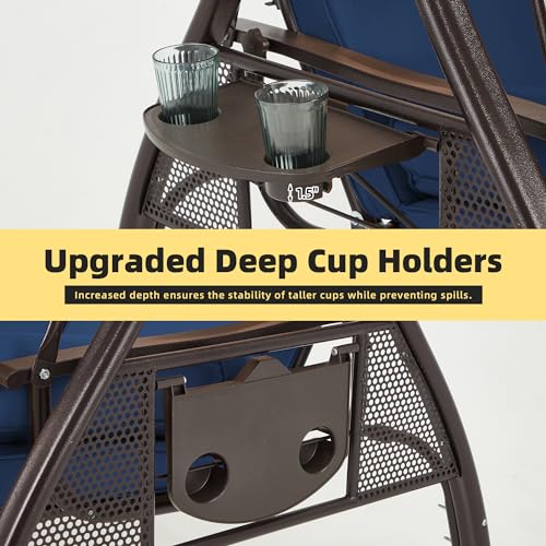 HOMREST 3 Person Outdoor Porch Swing with 1.5" Deep Cup Holder, Adjustable Canopy, Backrest, Patio Swing Bed with Weather Resistant Steel Frame, Cushions for Garden,Deck and Poolside(Blue)