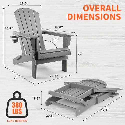 Folding Adirondack Chairs Set of 2, Plastic Adirondack Chairs Wood Texture, Fire Pit Chairs for Outside, Weather Resistant Composite Adirondack Chair with Cup Holder