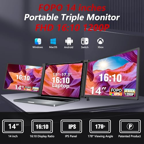 FOPO 14" Triple Laptop Screen Extender, FHD 1200P IPS Portable Monitor for 15-17.3" Laptop, Plug and Play Travel Laptop Monitor Extender Display for Win/MAC/Android, with HDMI/USB-C - S15 Black