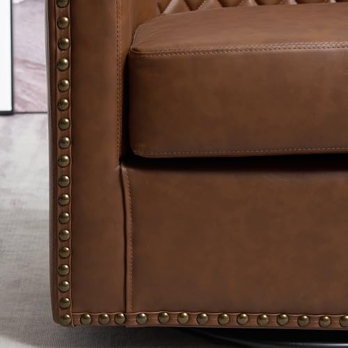 29" Wide Tufted Faux Leather Swivel Barrel Chair Set of 2, PU Leather Modern Upholstered Accent Chairs with Nailhead Trim, Small Armchair for Living Room Bedroom, Cream