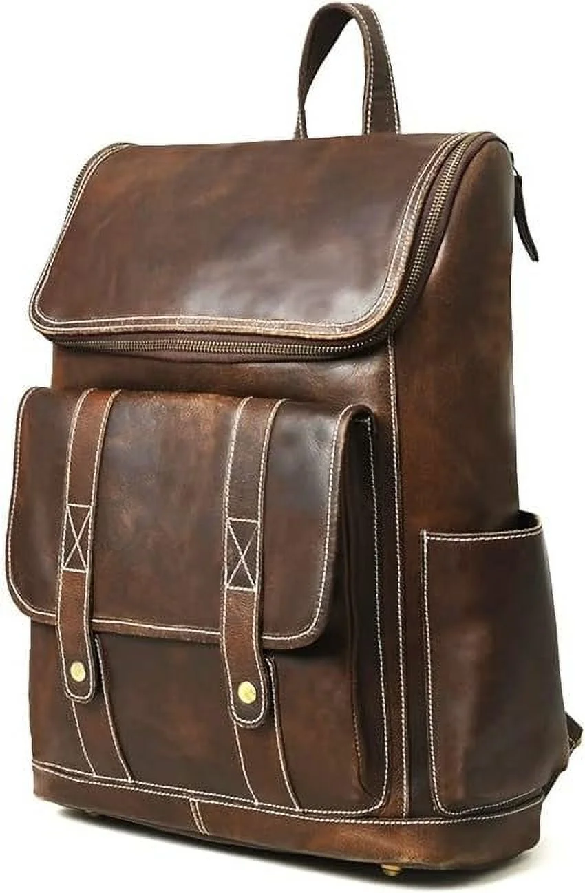 Hulsh Buffalo Leather Backpack for Men & Women Vintage Genuine Leather Laptop Backpack Full Grain Brown Leather Backpacks Rucksack Knapsack with Padded Laptop Sleeve Best for Office Travel Use