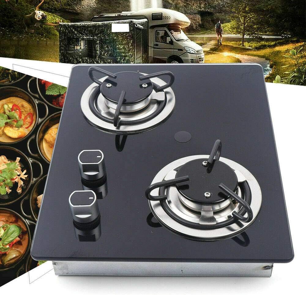 15 inch Black Tempered Glass Panel Built-in LPG Gas Hob Cooktop Portable Gas Cooktop LPG Gas Stove Countertop Dual Fuel Cooktops Gas Cooker for RV Camper Caravan Outdoor Apartments (2 Burners)