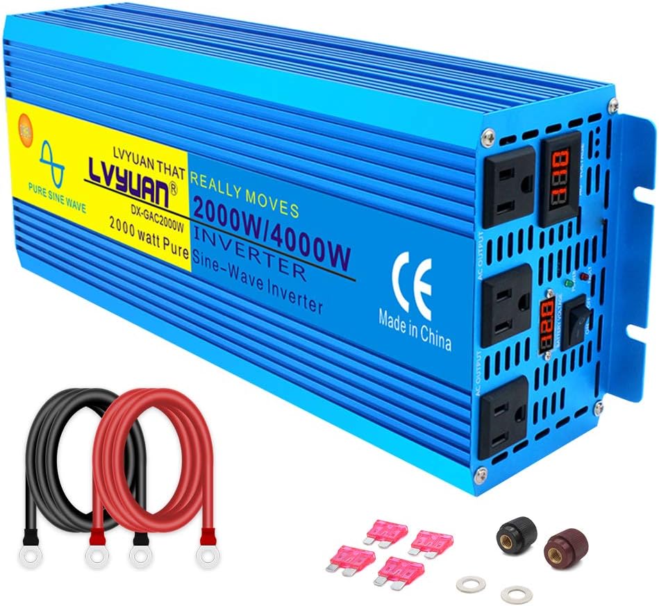LVYUAN Pure Sine Wave Inverter 3000 Watt Inverter 12V to 110V DC to AC with Remote Controller, LCD Display 4 AC Sockets and 4 USB Ports for Car Truck Solar Power (3000W with Remote Controller)